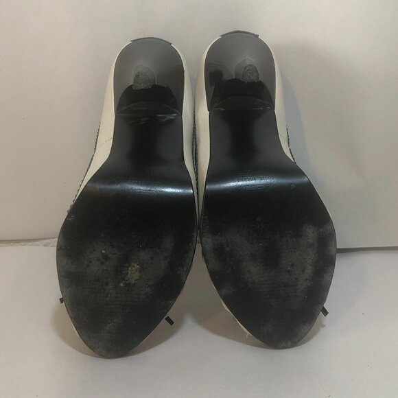 ANDREA Heels Women's Size 7.5 Cream Black Peep Toe Shoes - Picture 5 of 11